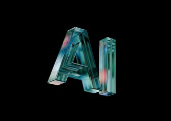Artificial Intelligence blue dispersed glass 3D render on a black background, isolated