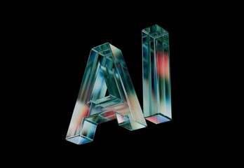 Artificial Intelligence blue dispersed glass 3D render on a black background, isolated