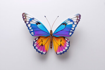 Obraz premium Colorful butterfly showcasing vibrant blue, purple, and orange patterns on a neutral background