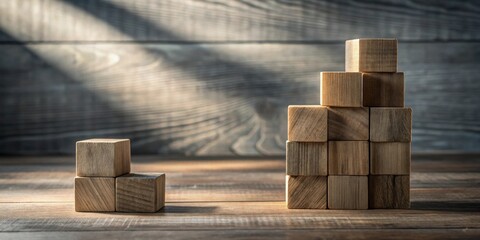 Obraz premium Wooden blocks arranged in two distinct formations, illustrating concepts of growth and contrast on a rustic wooden surface