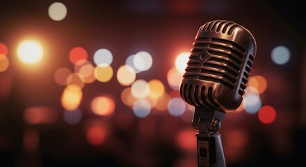 Vintage Mic on Stage with Concert Lights.