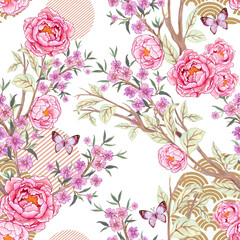 Elegant Japanese Cherry Blossoms, peony petal bud and Butterfly Kimono Yukata Seamless Pattern Wallpaper