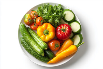 Fresh vegetables displayed on a white plate showcasing a variety of colors and textures from the garden