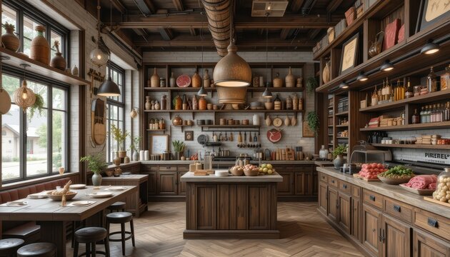 Cozy Rustic Kitchen with Wooden Cabinets and Abundant Decor Elements