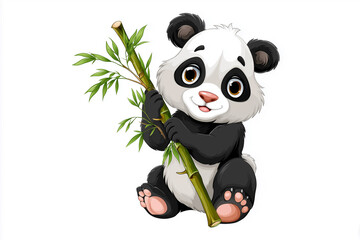 Fototapeta premium Cute cartoon panda holding bamboo in a playful pose on a white background