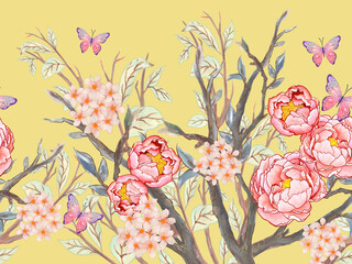 Chinoiserie Wallpaper, Horizontal seamless pattern beautiful eastern orient watercolor illustration