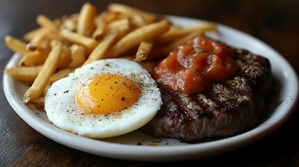 A plate of fried egg, steak, and french fries.