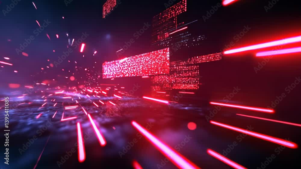 Poster abstract data transmission concept with illuminated rectangles in red and blue, forming a cyberpunk-