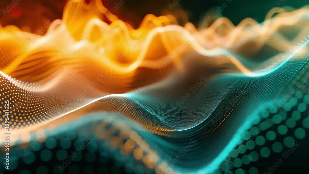 Poster abstract digital waves in vibrant orange and teal colors create mesmerizing visual effects, showcasi