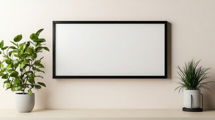 A slim, rectangular black frame elegantly positioned on a light beige wall, creating a sleek and minimalist visual contrast that draws subtle attention.