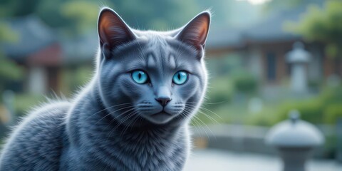 Naklejka premium Russian Blue Cat Portrait with Deep Blue Eyes, Minimalist Japanese Art, Zen Garden Background, Tranquil Atmosphere