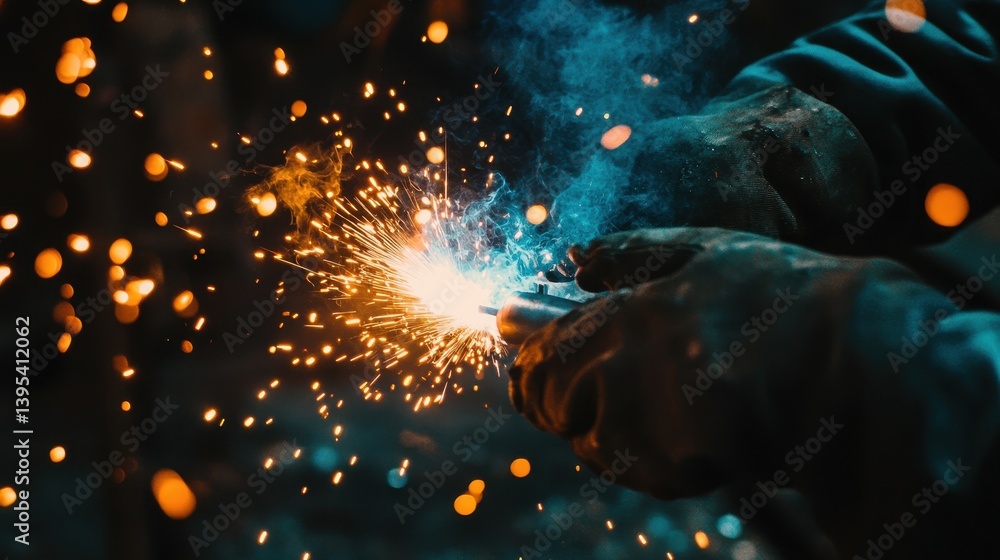 Poster a welder is using his tools to create sparks and join metals