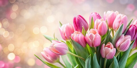 Obraz premium A delightful bouquet of pale pink and rose tulips, bathed in soft, golden light, creates a charming and elegant floral arrangement.