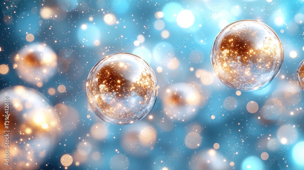 Aufkleber sparkling gold and blue spheres float in bokeh background.
