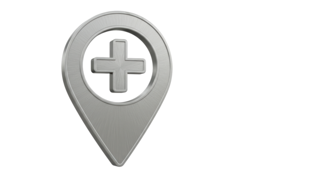 Isolated Metallic Map Pointer with Plus Sign