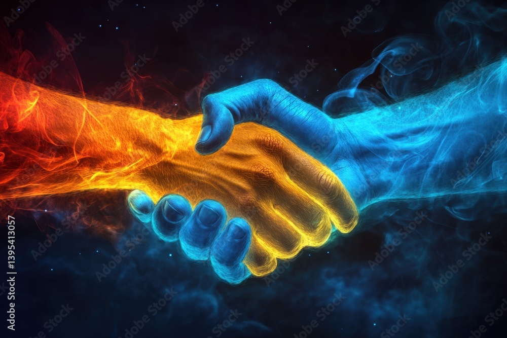 Poster a colorful representation of unity and agreement through an artistic handshake of fire and ice in st