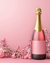 Elegant pink champagne bottle with flowers.