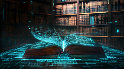 calligraphy book in a futuristic library, with pages shifting between digital and traditional ink 