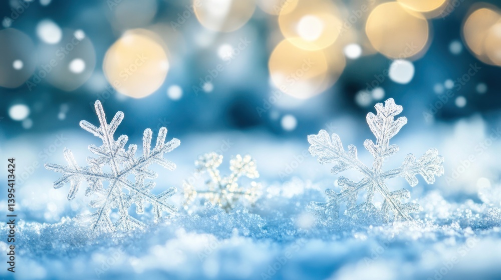 Poster sparkling snowflakes on snowy ground with bokeh lights.