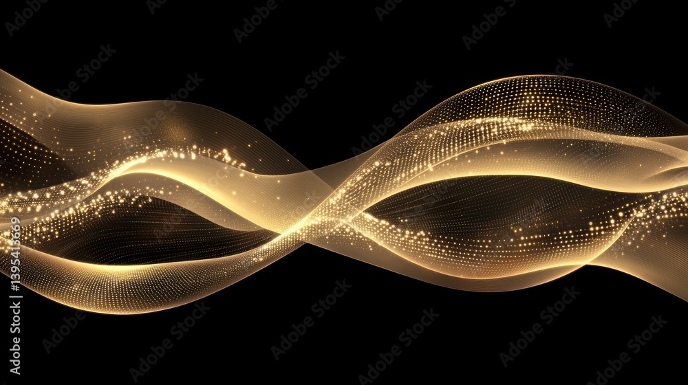 Poster abstract golden wave with sparkles on black background.