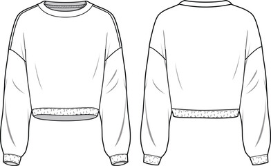Women's Elastic Hem Crop Sweatshirt. Technical fashion sweatshirt illustration. Front and back, white colour. Women's CAD mock-up.