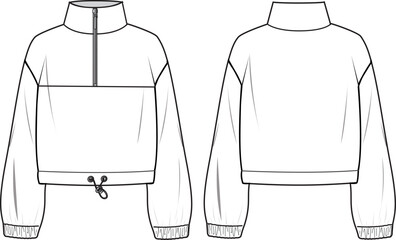 Unisex Half-Zip Sweatshirt. Technical fashion sweatshirt illustration. Front and back, white colour. Unisex CAD mock-up.
