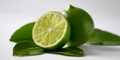 Close-up of lime halves and leaves on white background, showcasing freshness and natural vibrancy, representing healthy eating, summer drinks, and zesty flavor