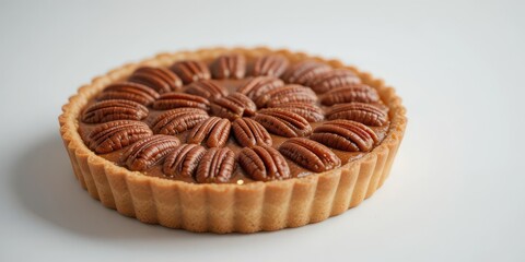  Minimalist Pecan Tart High Detail Shot with Warm Lighting on a Clean White Background. Dessert Perfection!