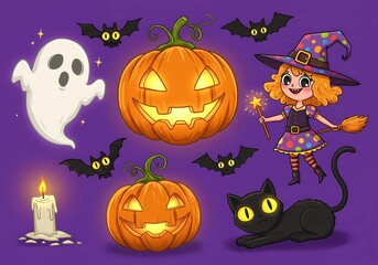 Adorable Halloween Witch, Pumpkins, and Spooky Friends