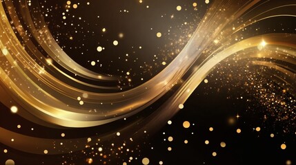 A golden abstract design with swirling lines and shimmering particles.