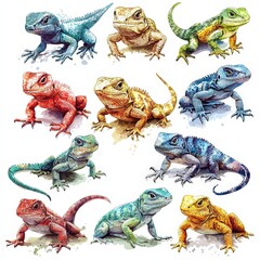 Naklejka premium Colorful watercolor illustration of bearded dragon lizard on white background, highlighting vibrant scales and exotic features. Perfect for wildlife art, biology, or fantasy design themes.