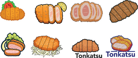 set bundle collection of japanese food tonkatsu icons as concept simple modern minimalist logos, clipart clip art vector illustration, isolated background	