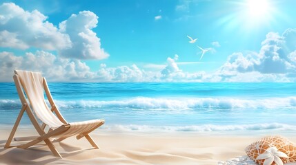 Wooden deck chair on a tranquil beach with the ocean in the background