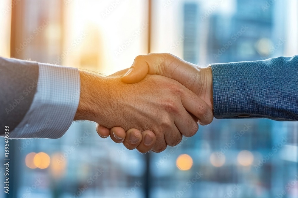 Poster close-up of two hands shaking in agreement in a modern office setting with urban background and warm