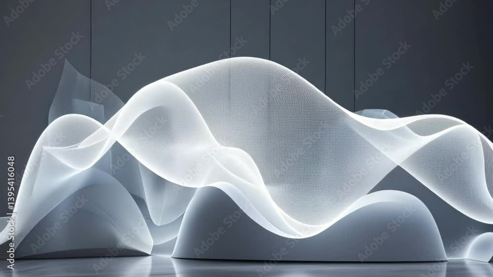 Poster mesmerizing modern abstract sculpture of translucent mesh, featuring flowing curves and waves that i