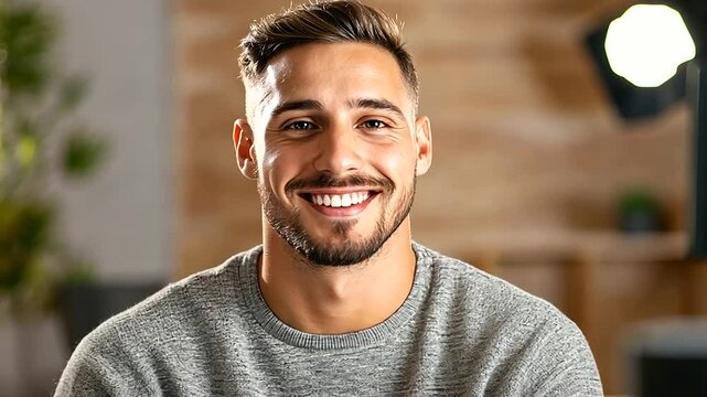 Professional yet relaxed young man recording a video testimonial with a confident smile, sleek modern office d&eacute;cor and contemporary lighting casting a warm ambiance around him