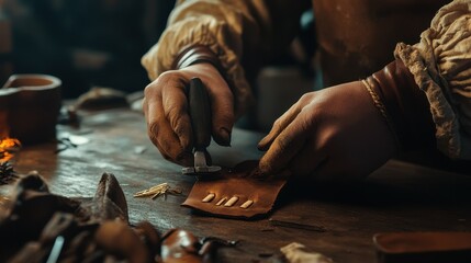 The hands of a craftsman working with leather materials carefully