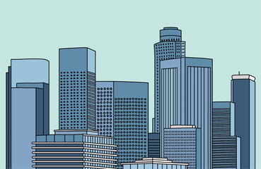 Modern LA City Skyline Illustration Banner. Above City Buildings and Skyscrapers, Aerial View Urban Technology Corporate Business Concept