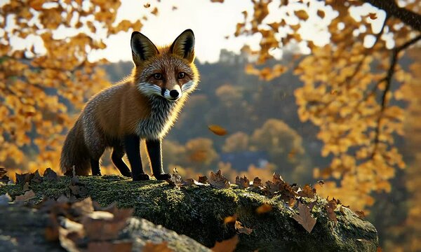 Autumn fox on a mossy rock