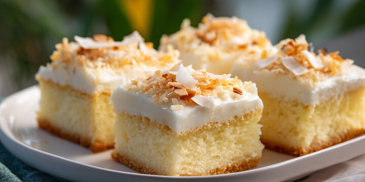 Close-up of coconut cake squares, topped with white frosting and shredded coconut&Acirc;&nbsp;Showcasing delicious dessert, perfect for food blogs or culinary websites
