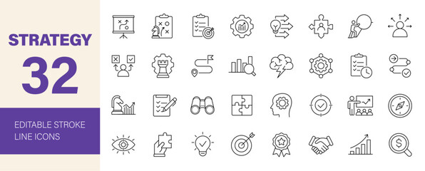 Strategy icon set. Business related line icons: goal, vision, plan, roadmap, teamwork, organization, finance, marketing, startup, research, solution and more. Editable stroke. Vector illustration.