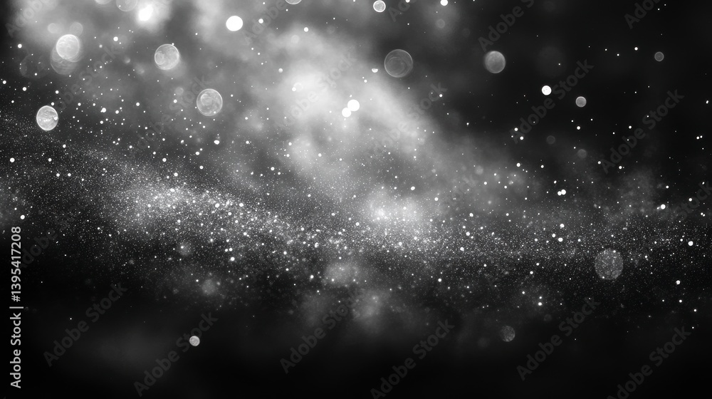 Poster Abstract black and white glittering background with bokeh lights and dust particles.