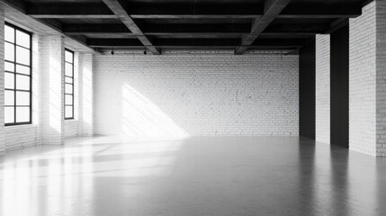 Modern Loft Interior Design, White Brick Walls, Large Windows, C