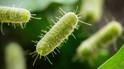 Fototapeta premium A close-up view of green bacteria with hair-like structures, floating in a blurred, natural environment, showcasing their unique shapes and characteristics.