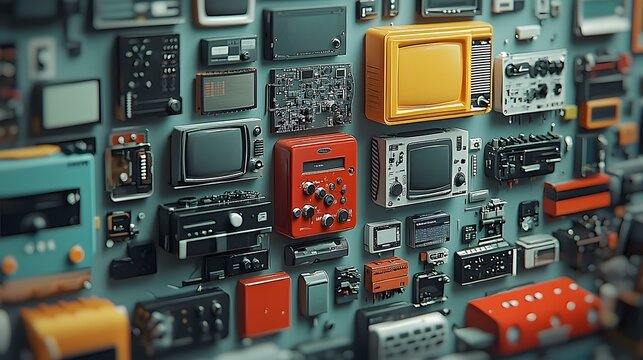 A levitating cluster of retro gadgets disassembled and color-coded in mid-air, floating with exploded-view precision