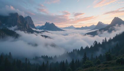 Obraz premium Serene Mountain Landscape with Misty Valley at Sunrise
