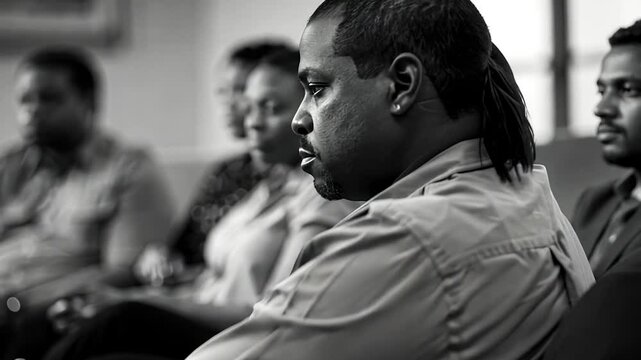 A Black and White photograph of a group of people in a room, seated and seemingly attentive, possibly in a meeting or therapy session. The image captures a moment of reflection and introspection.