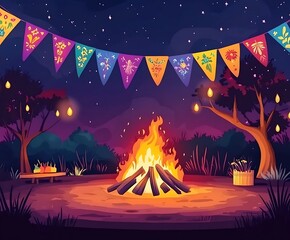 Campfire with the aurora borealis shining down from above in the night sky