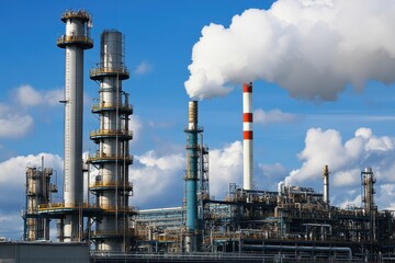 Obraz premium Industrial Plant with Tall Chimneys Emitting Smoke Against a Blue Sky and Fluffy White Clouds in a Clear Day, Energy Production and Manufacturing Concept