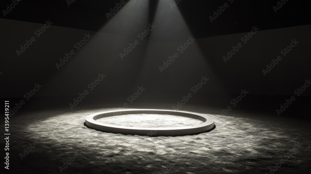 Poster spotlight illuminates empty circular platform on textured floor in dark room.